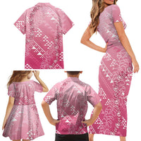 Hawaii Rose Pink Kapa Family Matching Short Sleeve Bodycon Dress and Hawaiian Shirt Vintage 'Ohe Kāpala Motifs Mix Plumeria Leis LT7 - Polynesian Pride
