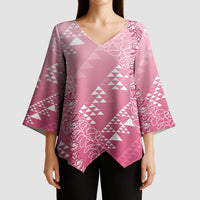 Hawaii Rose Pink Kapa Kimono Sleeve Blouse Vintage 'Ohe Kāpala Motifs Mix Plumeria Leis