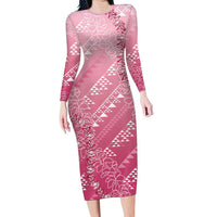 Hawaii Rose Pink Kapa Long Sleeve Bodycon Dress Vintage 'Ohe Kāpala Motifs Mix Plumeria Leis LT7 Long Dress Rose Pink - Polynesian Pride