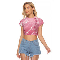 Hawaii Rose Pink Kapa Raglan Cropped T Shirt Vintage 'Ohe Kāpala Motifs Mix Plumeria Leis