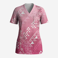 Hawaii Rose Pink Kapa Scrub Top Vintage 'Ohe Kāpala Motifs Mix Plumeria Leis