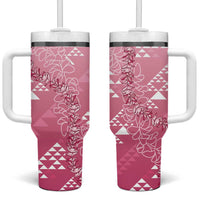 Hawaii Rose Pink Kapa Tumbler With Handle Vintage 'Ohe Kāpala Motifs Mix Plumeria Leis