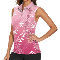 Hawaii Rose Pink Kapa Women Sleeveless Polo Shirt Vintage 'Ohe Kāpala Motifs Mix Plumeria Leis LT7 - Polynesian Pride
