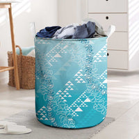 Hawaii Turquoise Kapa Laundry Basket Vintage 'Ohe Kāpala Motifs Mix Plumeria Leis