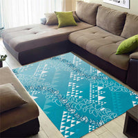 Hawaii Turquoise Kapa Area Rug Vintage 'Ohe Kāpala Motifs Mix Plumeria Leis