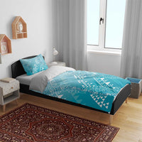 Hawaii Turquoise Kapa Bedding Set Vintage 'Ohe Kāpala Motifs Mix Plumeria Leis