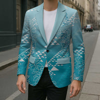 Hawaii Turquoise Kapa Blazer Vintage 'Ohe Kāpala Motifs Mix Plumeria Leis