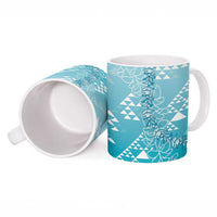 Hawaii Turquoise Kapa Ceramic Mug Vintage 'Ohe Kāpala Motifs Mix Plumeria Leis