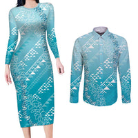 Hawaii Turquoise Kapa Couples Matching Long Sleeve Bodycon Dress and Long Sleeve Button Shirt Vintage 'Ohe Kāpala Motifs Mix Plumeria Leis LT7 Turquoise - Polynesian Pride