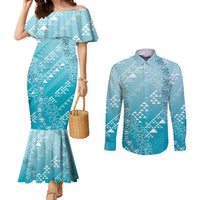 Hawaii Turquoise Kapa Couples Matching Mermaid Dress and Long Sleeve Button Shirt Vintage 'Ohe Kāpala Motifs Mix Plumeria Leis LT7 Turquoise - Polynesian Pride