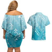 Hawaii Turquoise Kapa Couples Matching Off Shoulder Short Dress and Hawaiian Shirt Vintage 'Ohe Kāpala Motifs Mix Plumeria Leis LT7 - Polynesian Pride
