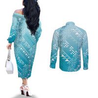Hawaii Turquoise Kapa Couples Matching Off The Shoulder Long Sleeve Dress and Long Sleeve Button Shirt Vintage 'Ohe Kāpala Motifs Mix Plumeria Leis LT7 - Polynesian Pride