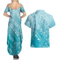 Hawaii Turquoise Kapa Couples Matching Summer Maxi Dress and Hawaiian Shirt Vintage 'Ohe Kāpala Motifs Mix Plumeria Leis LT7 - Polynesian Pride