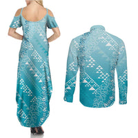Hawaii Turquoise Kapa Couples Matching Summer Maxi Dress and Long Sleeve Button Shirt Vintage 'Ohe Kāpala Motifs Mix Plumeria Leis LT7 - Polynesian Pride