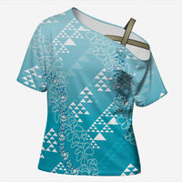 Hawaii Turquoise Kapa Cross Shoulder Shirt Vintage 'Ohe Kāpala Motifs Mix Plumeria Leis