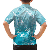 Hawaii Turquoise Kapa Family Matching Off Shoulder Short Dress and Hawaiian Shirt Vintage 'Ohe Kāpala Motifs Mix Plumeria Leis LT7 - Polynesian Pride