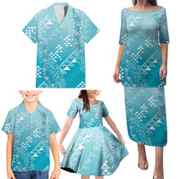 Hawaii Turquoise Kapa Family Matching Puletasi and Hawaiian Shirt Vintage 'Ohe Kāpala Motifs Mix Plumeria Leis LT7 - Polynesian Pride