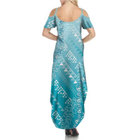 Hawaii Turquoise Kapa Family Matching Summer Maxi Dress and Hawaiian Shirt Vintage 'Ohe Kāpala Motifs Mix Plumeria Leis LT7 - Polynesian Pride