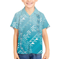 Hawaii Turquoise Kapa Family Matching Tank Maxi Dress and Hawaiian Shirt Vintage 'Ohe Kāpala Motifs Mix Plumeria Leis LT7 Son's Shirt Turquoise - Polynesian Pride