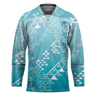 Hawaii Turquoise Kapa Hockey Jersey Vintage 'Ohe Kāpala Motifs Mix Plumeria Leis