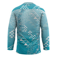 Hawaii Turquoise Kapa Hockey Jersey Vintage 'Ohe Kāpala Motifs Mix Plumeria Leis