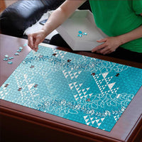 Hawaii Turquoise Kapa Puzzle Vintage 'Ohe Kāpala Motifs Mix Plumeria Leis