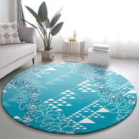 Hawaii Turquoise Kapa Round Carpet Vintage 'Ohe Kāpala Motifs Mix Plumeria Leis