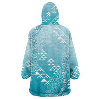 Hawaii Turquoise Kapa Wearable Blanket Hoodie Vintage 'Ohe Kāpala Motifs Mix Plumeria Leis