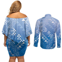 Hawaii Royal Blue Kapa Couples Matching Off Shoulder Short Dress and Long Sleeve Button Shirt Vintage 'Ohe Kāpala Motifs Mix Plumeria Leis LT7 - Polynesian Pride