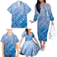 Hawaii Royal Blue Kapa Family Matching Off The Shoulder Long Sleeve Dress and Hawaiian Shirt Vintage 'Ohe Kāpala Motifs Mix Plumeria Leis LT7 - Polynesian Pride