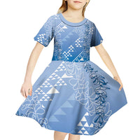 Hawaii Royal Blue Kapa Kid Short Sleeve Dress Vintage 'Ohe Kāpala Motifs Mix Plumeria Leis