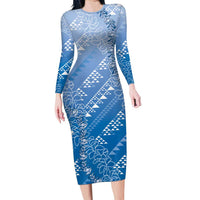 Hawaii Royal Blue Kapa Long Sleeve Bodycon Dress Vintage 'Ohe Kāpala Motifs Mix Plumeria Leis LT7 Long Dress Royal Blue - Polynesian Pride