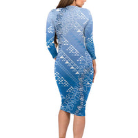 Hawaii Royal Blue Kapa Long Sleeve Bodycon Dress Vintage 'Ohe Kāpala Motifs Mix Plumeria Leis LT7 - Polynesian Pride