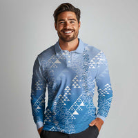 Hawaii Royal Blue Kapa Long Sleeve Polo Shirt Vintage 'Ohe Kāpala Motifs Mix Plumeria Leis