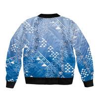 Hawaii Royal Blue Kapa Sleeve Zip Bomber Jacket Vintage 'Ohe Kāpala Motifs Mix Plumeria Leis