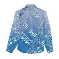 Hawaii Royal Blue Kapa Women Casual Shirt Vintage 'Ohe Kāpala Motifs Mix Plumeria Leis LT7 - Polynesian Pride