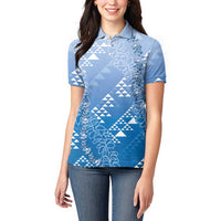 Hawaii Royal Blue Kapa Women Polo Shirt Vintage 'Ohe Kāpala Motifs Mix Plumeria Leis LT7 - Polynesian Pride