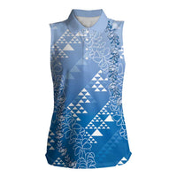 Hawaii Royal Blue Kapa Women Sleeveless Polo Shirt Vintage 'Ohe Kāpala Motifs Mix Plumeria Leis LT7 Female Royal Blue - Polynesian Pride