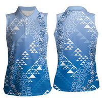 Hawaii Royal Blue Kapa Women Sleeveless Polo Shirt Vintage 'Ohe Kāpala Motifs Mix Plumeria Leis LT7 - Polynesian Pride