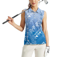 Hawaii Royal Blue Kapa Women Sleeveless Polo Shirt Vintage 'Ohe Kāpala Motifs Mix Plumeria Leis LT7 - Polynesian Pride