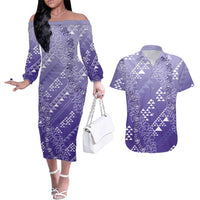 Hawaii Lavender Kapa Couples Matching Off The Shoulder Long Sleeve Dress and Hawaiian Shirt Vintage 'Ohe Kāpala Motifs Mix Plumeria Leis LT7 Lavender - Polynesian Pride