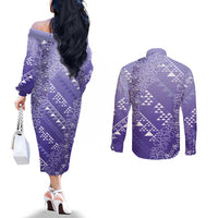 Hawaii Lavender Kapa Couples Matching Off The Shoulder Long Sleeve Dress and Long Sleeve Button Shirt Vintage 'Ohe Kāpala Motifs Mix Plumeria Leis LT7 - Polynesian Pride