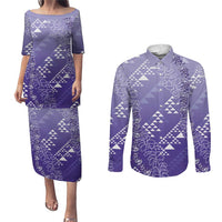 Hawaii Lavender Kapa Couples Matching Puletasi and Long Sleeve Button Shirt Vintage 'Ohe Kāpala Motifs Mix Plumeria Leis