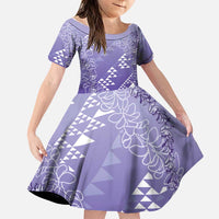 Hawaii Lavender Kapa Family Matching Long Sleeve Bodycon Dress and Hawaiian Shirt Vintage 'Ohe Kāpala Motifs Mix Plumeria Leis LT7 Daughter's Dress Lavender - Polynesian Pride