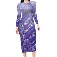 Hawaii Lavender Kapa Family Matching Long Sleeve Bodycon Dress and Hawaiian Shirt Vintage 'Ohe Kāpala Motifs Mix Plumeria Leis LT7 Mom's Dress Lavender - Polynesian Pride