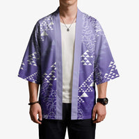 Hawaii Lavender Kapa Kimono Vintage 'Ohe Kāpala Motifs Mix Plumeria Leis