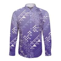 Hawaii Lavender Kapa Long Sleeve Button Shirt Vintage 'Ohe Kāpala Motifs Mix Plumeria Leis