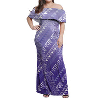 Hawaii Lavender Kapa Off Shoulder Maxi Dress Vintage 'Ohe Kāpala Motifs Mix Plumeria Leis