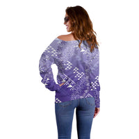 Hawaii Lavender Kapa Off Shoulder Sweater Vintage 'Ohe Kāpala Motifs Mix Plumeria Leis