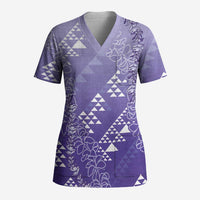 Hawaii Lavender Kapa Scrub Top Vintage 'Ohe Kāpala Motifs Mix Plumeria Leis